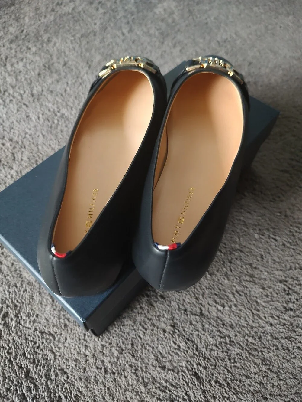 New Tommy Hilfiger Black Flats with Gold TH Hardware